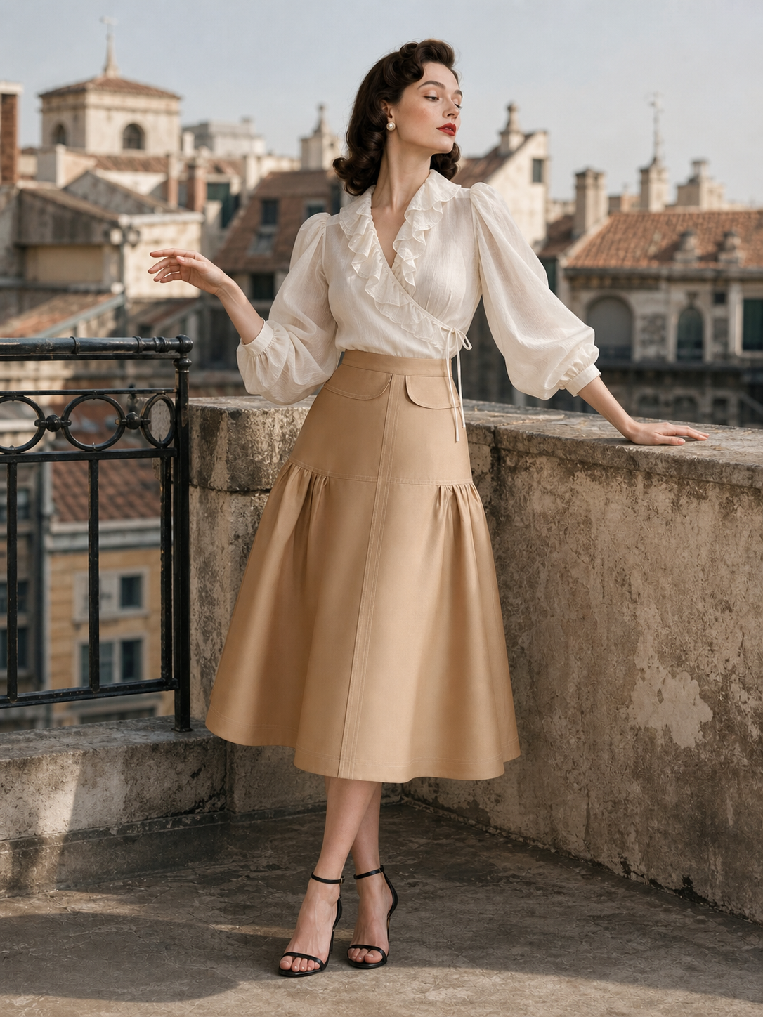 Vintage Ruched High-waisted Swing Midi Skirt