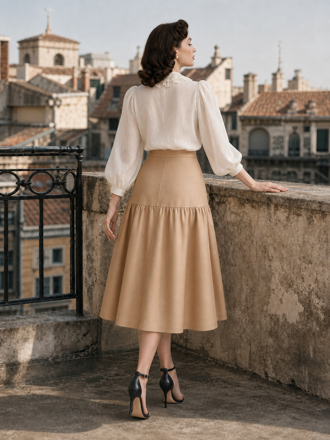 Vintage Ruched High-waisted Swing Midi Skirt
