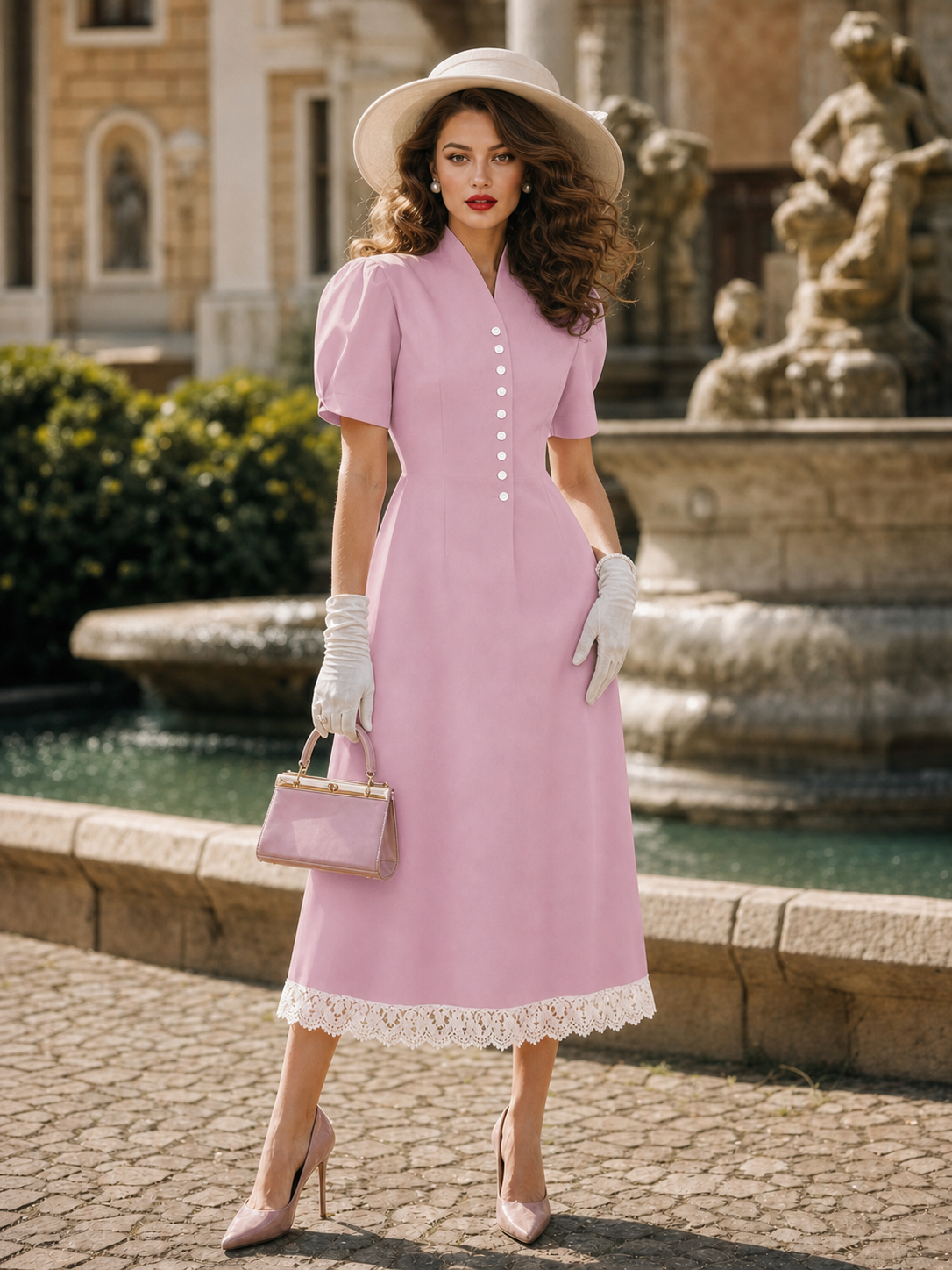 Vintage Blush Pink Stand Collar Puff Sleeve Button Front Lace Hem Midi Dress