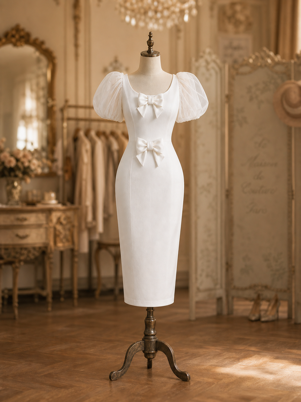 Vintage White Double Bow Tulle Puff Sleeve Midi Dress