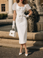 Vintage White Double Bow Tulle Puff Sleeve Midi Dress