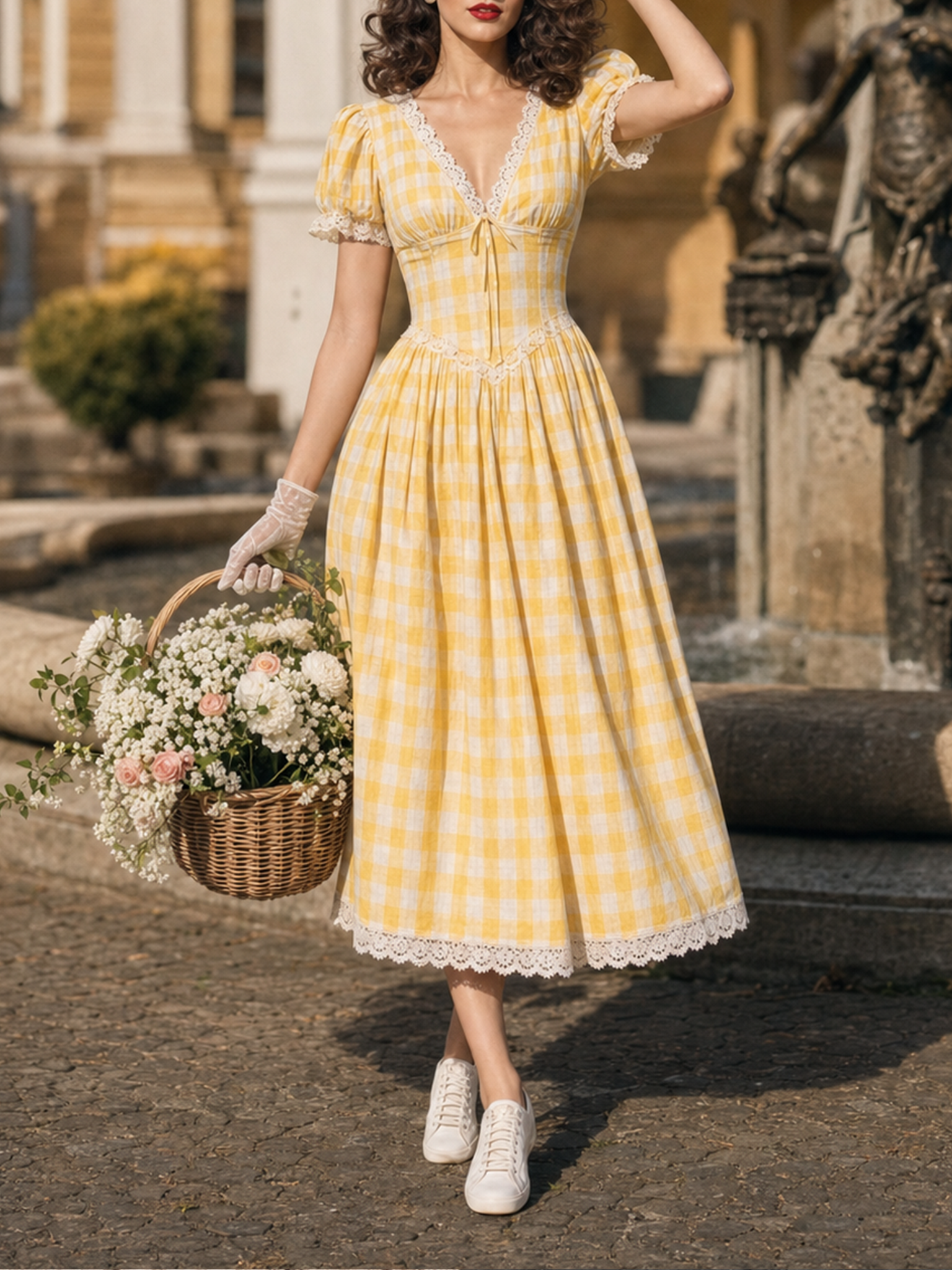 Vintage Yellow Gingham V Neck Puff Sleeve Lace Trim Tie Front Midi Dress