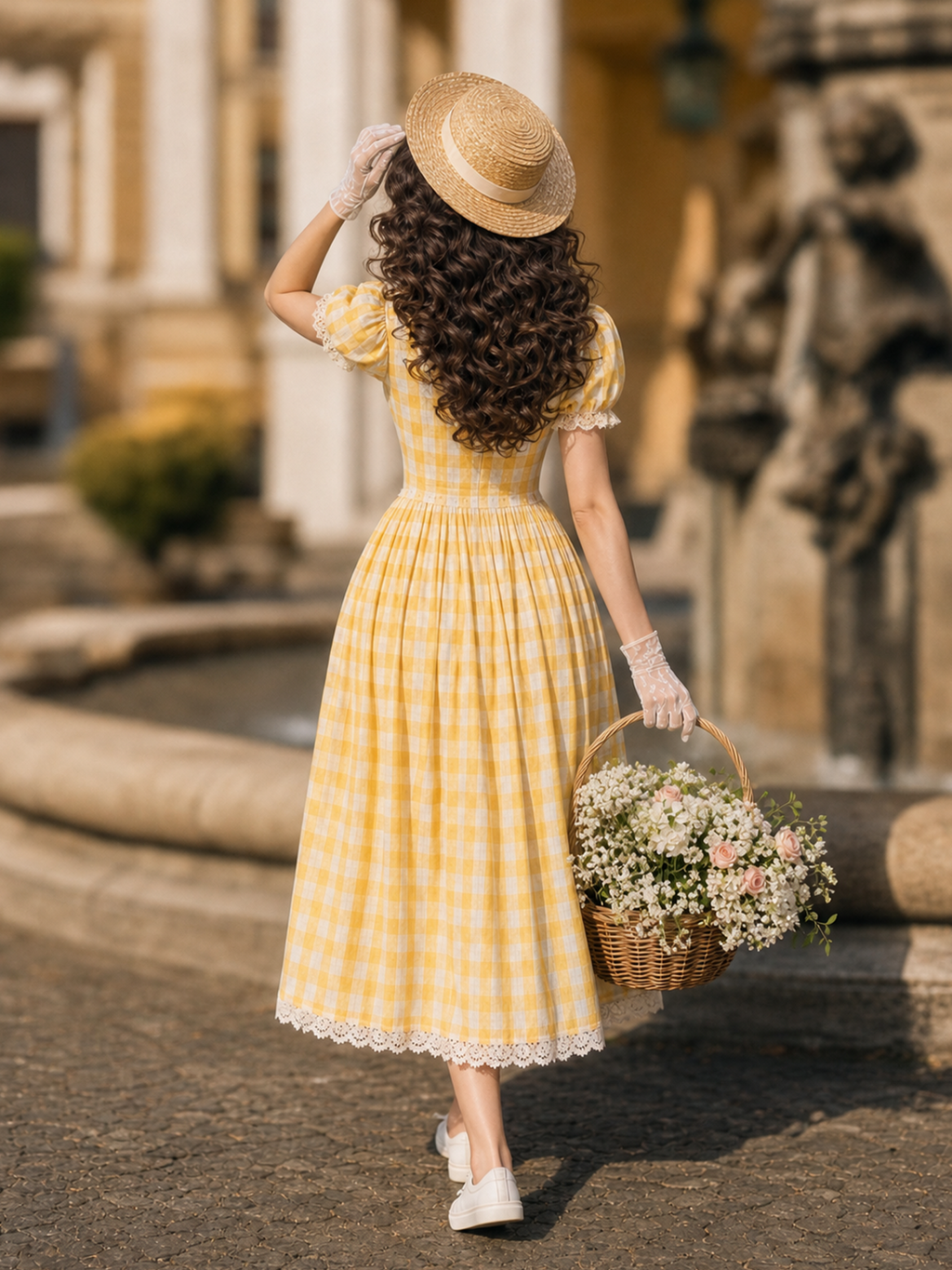 Vintage Yellow Gingham V Neck Puff Sleeve Lace Trim Tie Front Midi Dress