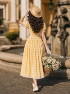 Vintage Yellow Gingham V Neck Puff Sleeve Lace Trim Tie Front Midi Dress