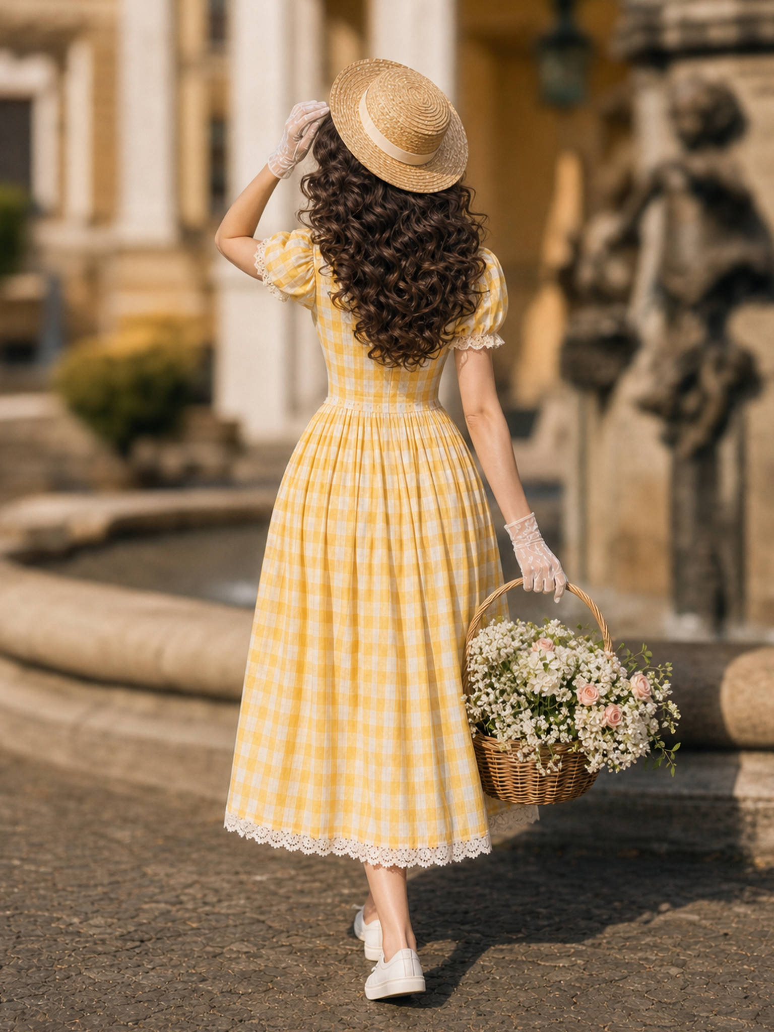 Vintage Yellow Gingham V Neck Puff Sleeve Lace Trim Tie Front Midi Dress