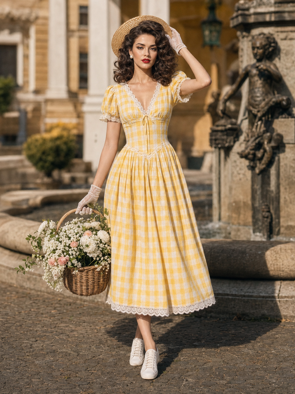 Vintage Yellow Gingham V Neck Puff Sleeve Lace Trim Tie Front Midi Dress
