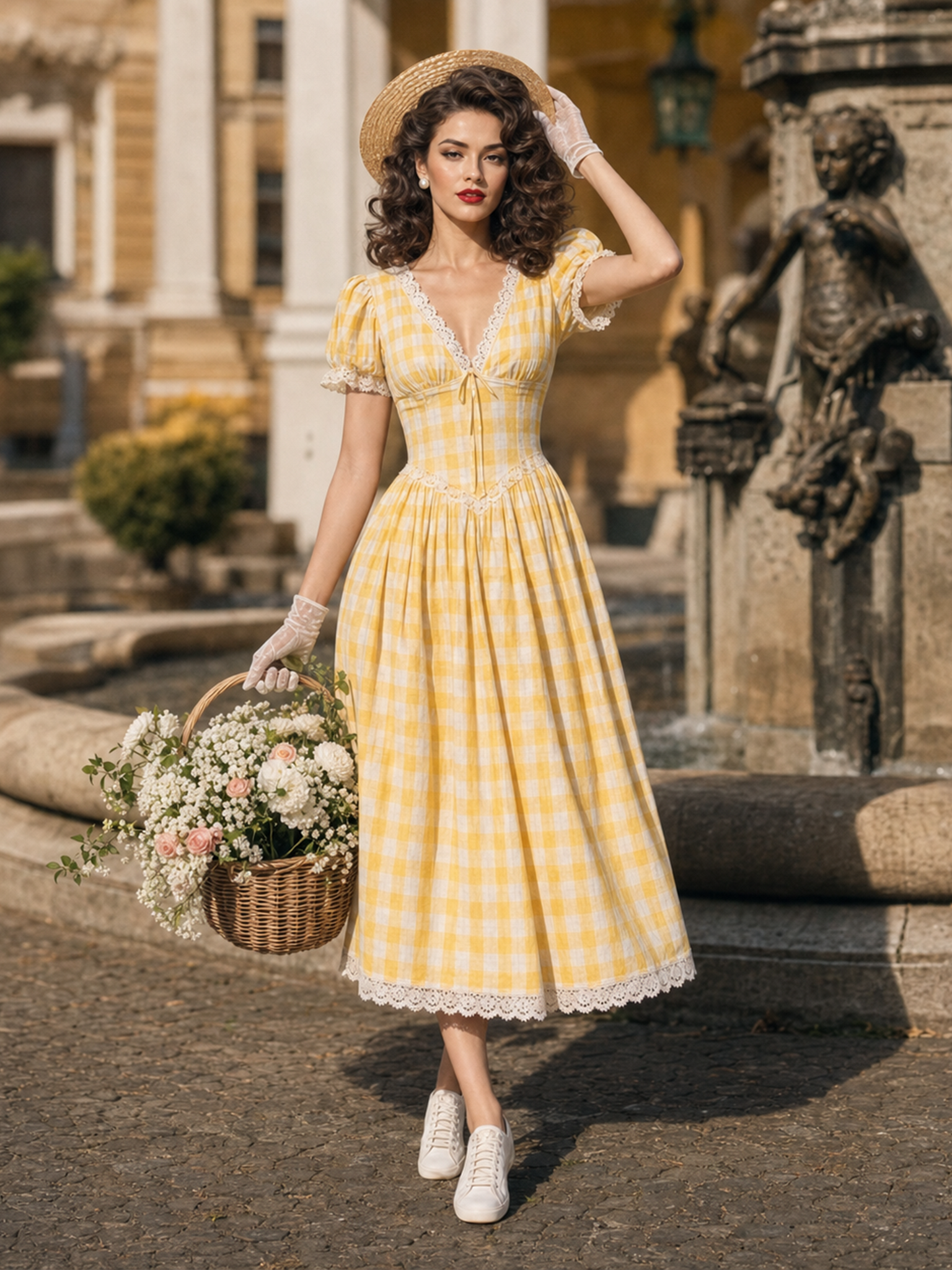 Vintage Yellow Gingham V Neck Puff Sleeve Lace Trim Tie Front Midi Dress