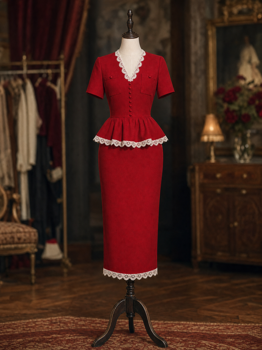 Vintage Red Lace V Neck Peplum Two-Piece Skirt Set