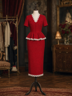 Vintage Red Lace V Neck Peplum Two-Piece Skirt Set