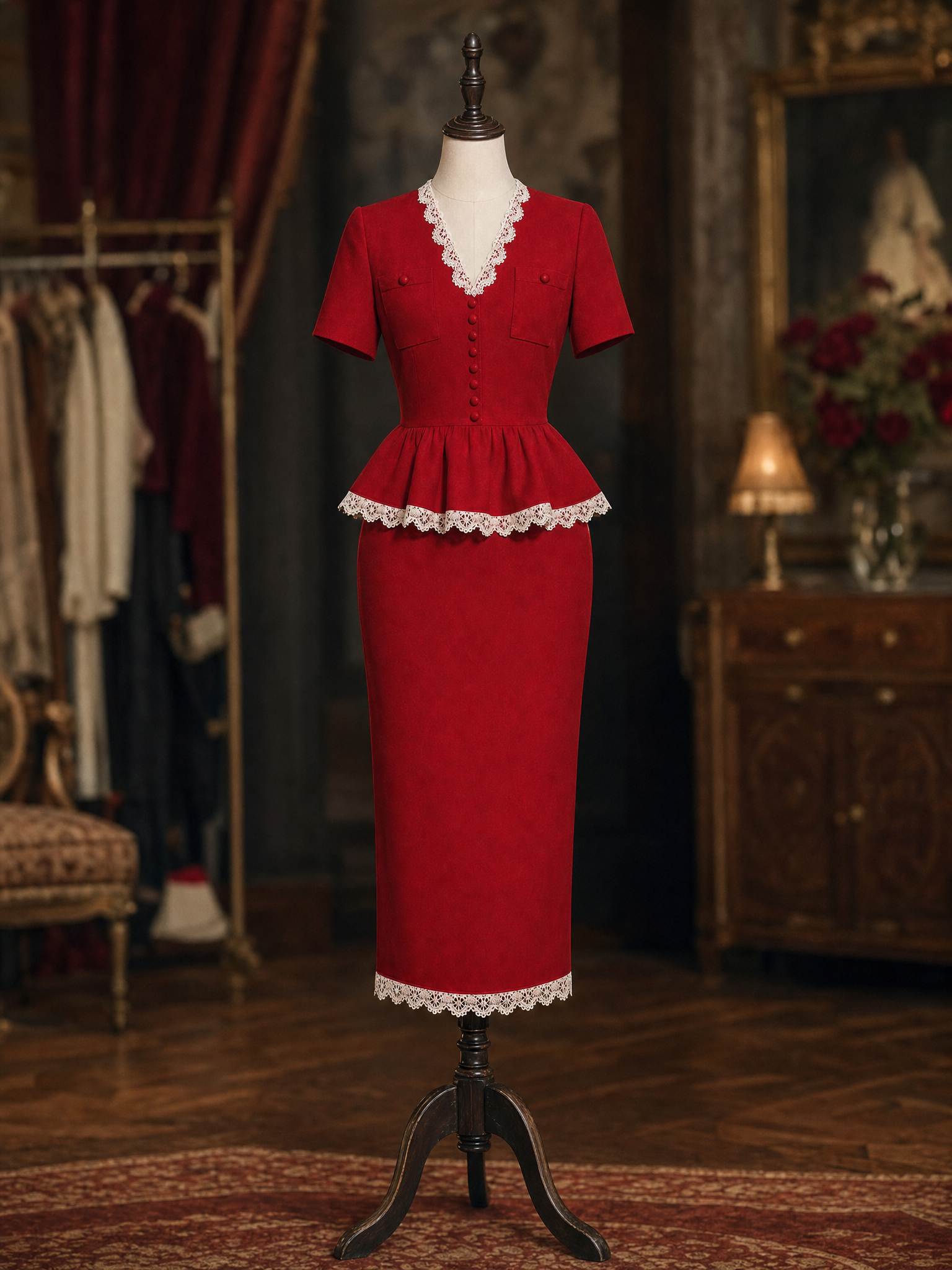 Vintage Red Lace V Neck Peplum Two-Piece Skirt Set