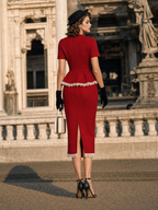 Vintage Red Lace V Neck Peplum Two-Piece Skirt Set