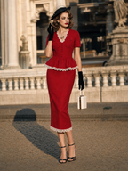 Vintage Red Lace V Neck Peplum Two-Piece Skirt Set