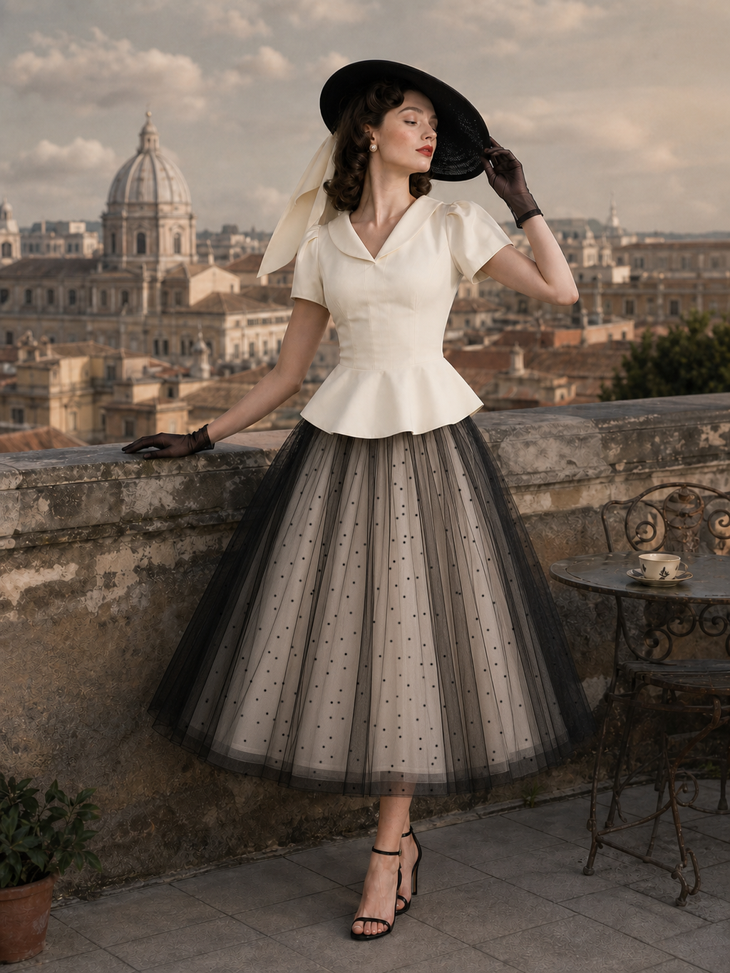 Vintage Polka Dot Tulle Full Swing Midi Skirt