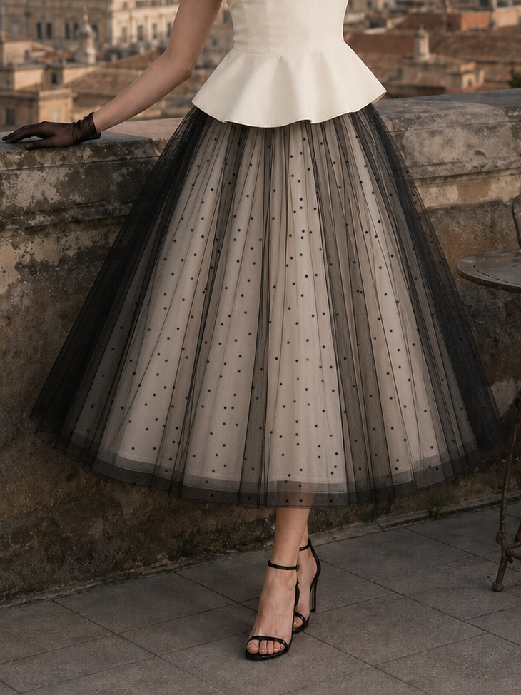 Vintage Polka Dot Tulle Full Swing Midi Skirt