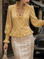 Vintage Ruffle Trim V-neck Long-sleeve Blouse