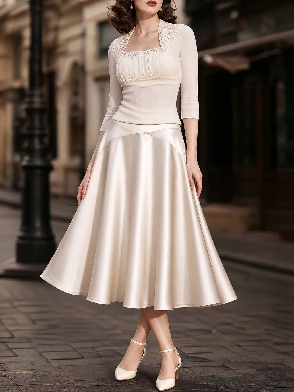 Vintage Champagne Satin Midi Skirt