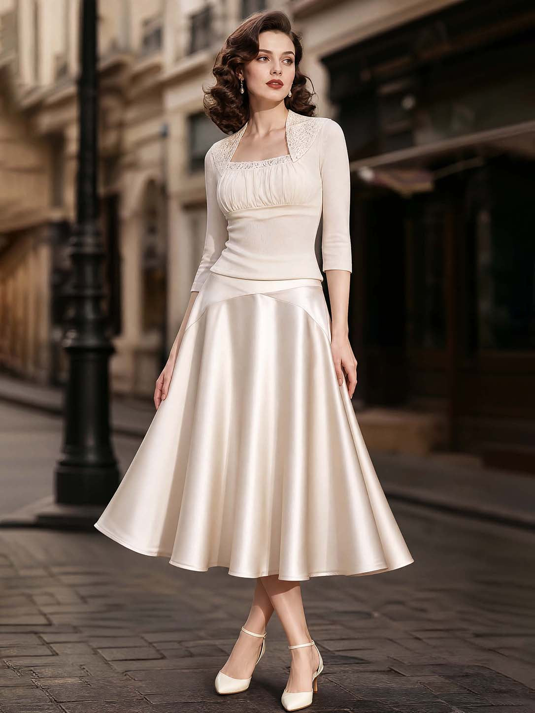 Vintage Champagne Satin Midi Skirt