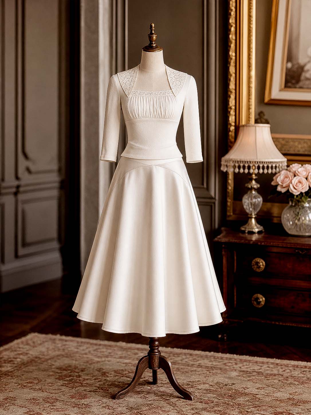 Vintage Champagne Satin Midi Skirt