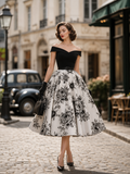 1950s Vintage Off-ShouldeRose Print Belted Fit-and-Flare Midi Dress