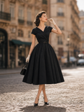 Vintage Black Surplice V-Neck Belted Fit-and-Flare Midi Dress