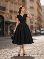 Vintage Black Surplice V-Neck Belted Fit-and-Flare Midi Dress