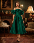 Emerald Green Off-Shoulder Ruffle Puff-Sleeve Corset Cocktail Dress