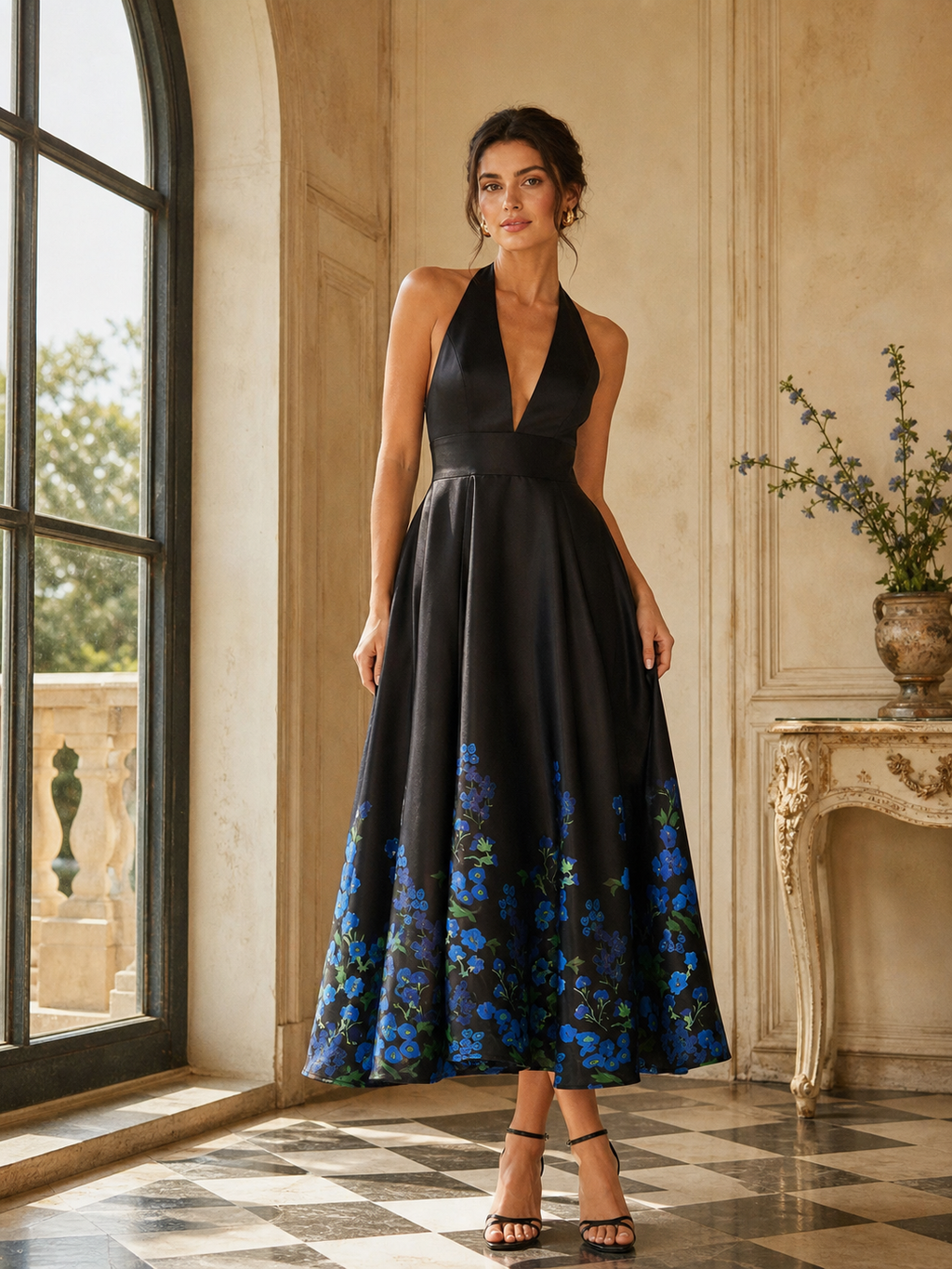 Black Floral-Hem Halter Deep V-Neck Midi Dress