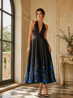 Black Floral-Hem Halter Deep V-Neck Midi Dress