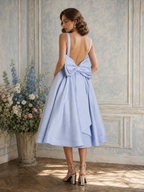 Light Blue Backless Bow Satin A-Line Cocktail Dress