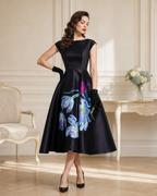 Elegant Watercolor Floral-Print Cocktail Midi Party Dress
