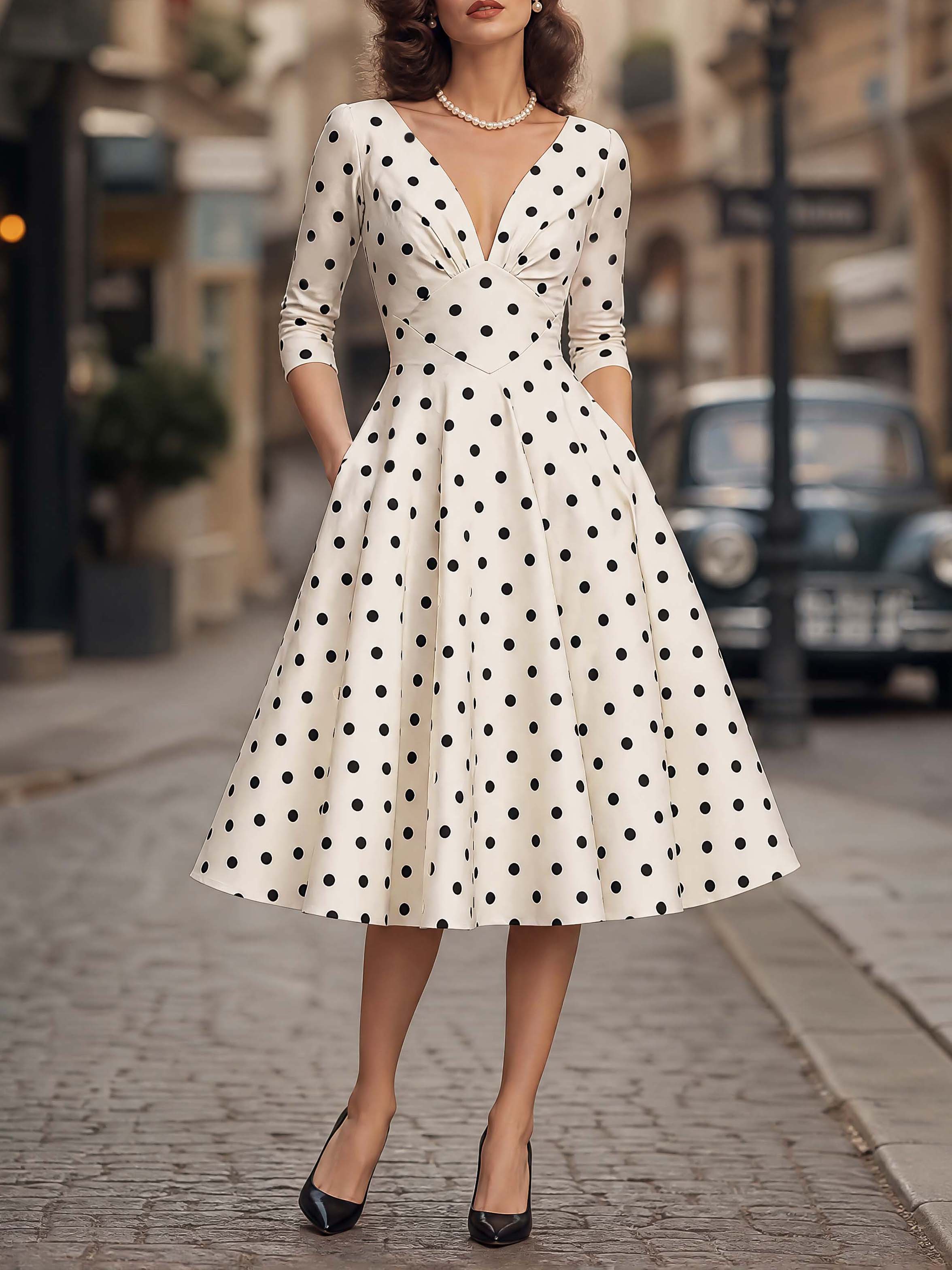 Vintage Polka Dot V-Neck Flared Midi Dress