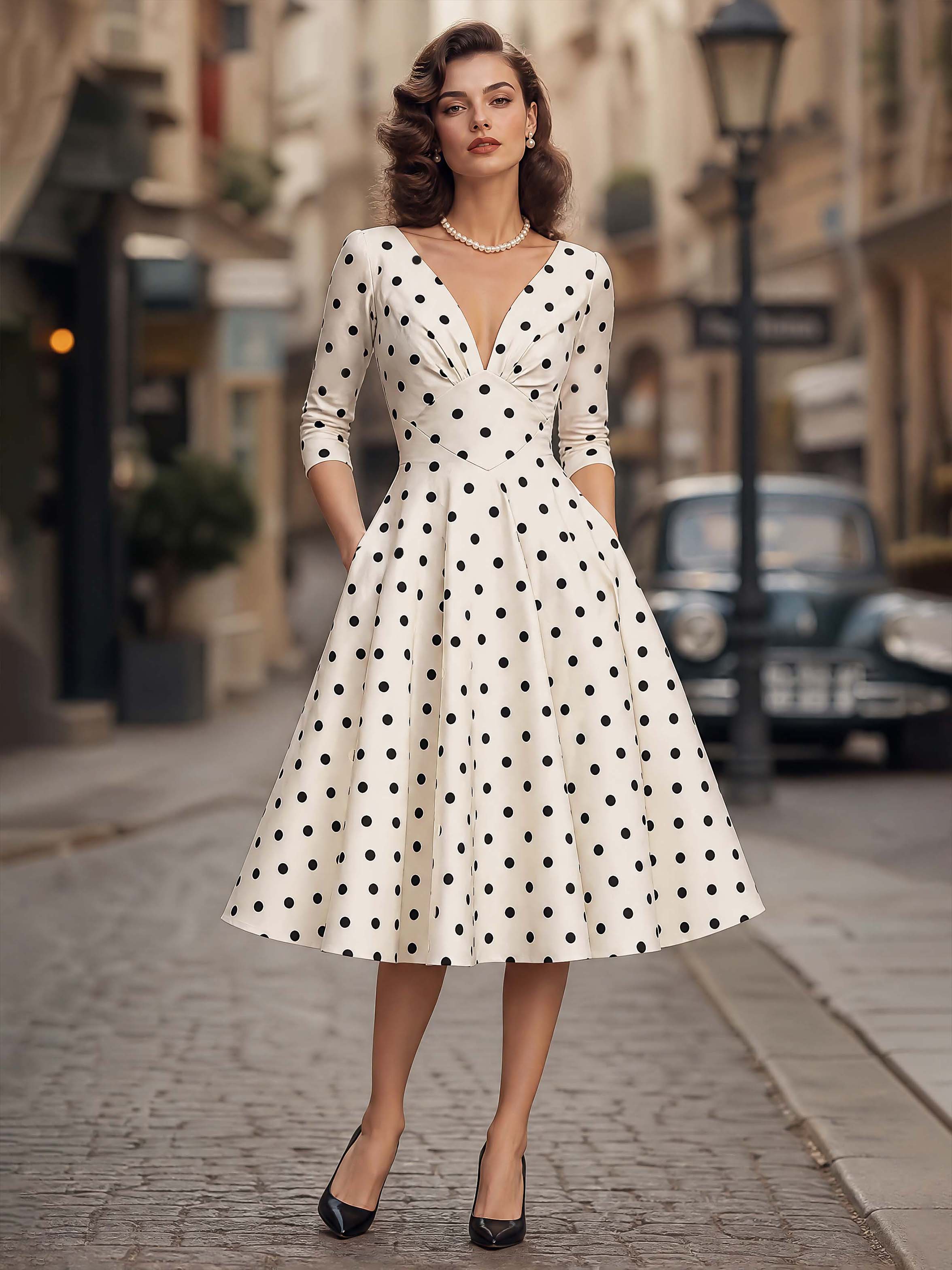 Vintage Polka Dot V-Neck Flared Midi Dress