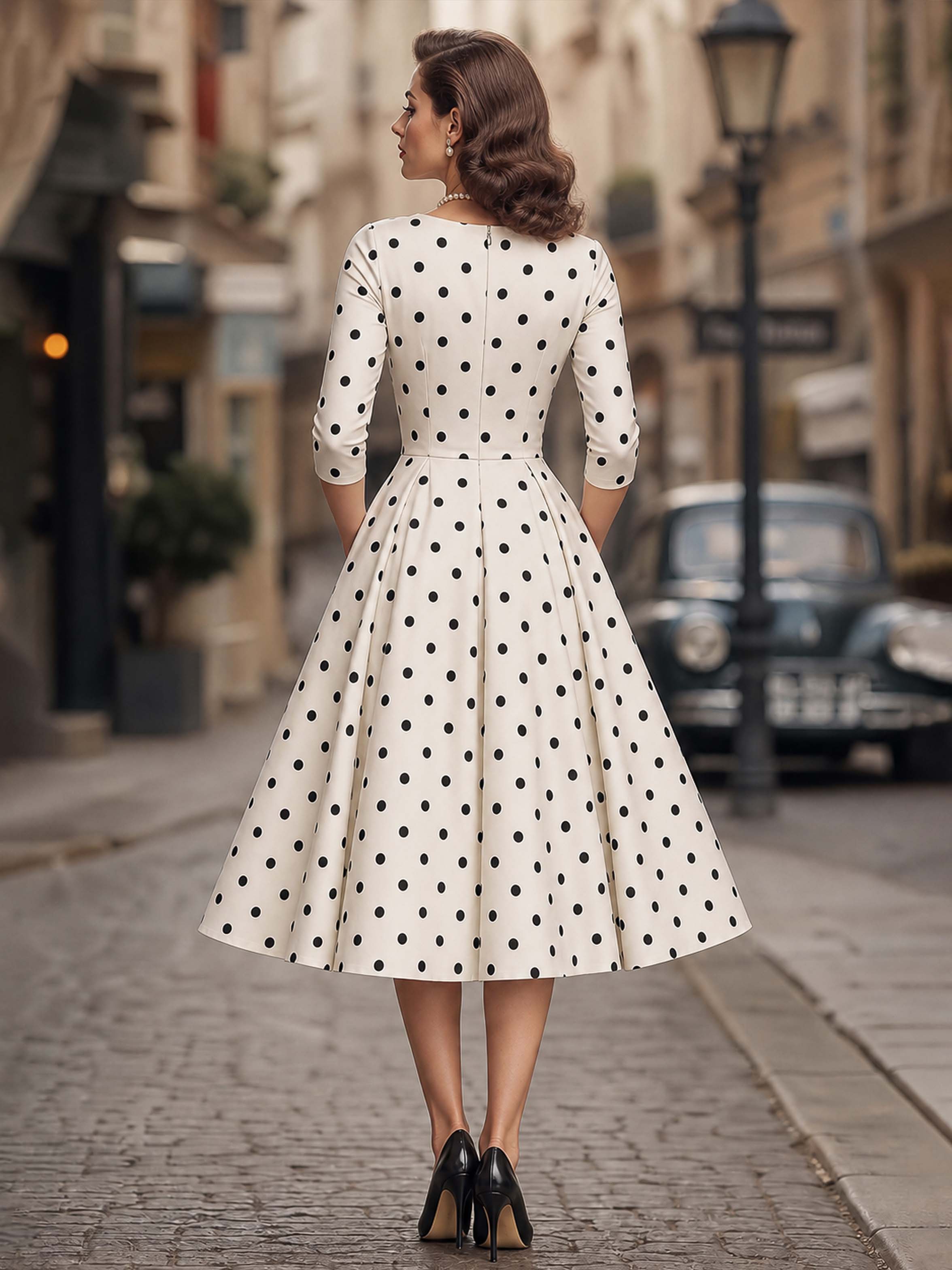 Vintage Polka Dot V-Neck Flared Midi Dress