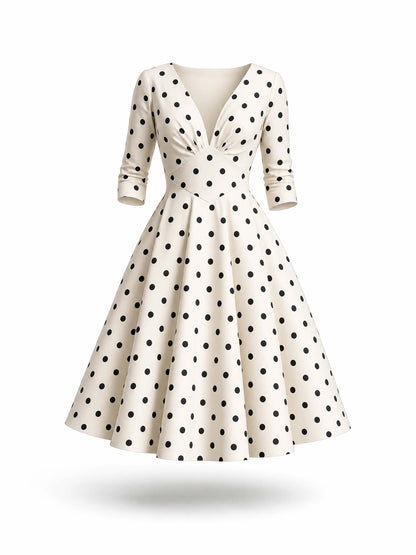 Vintage Polka Dot V-Neck Flared Midi Dress