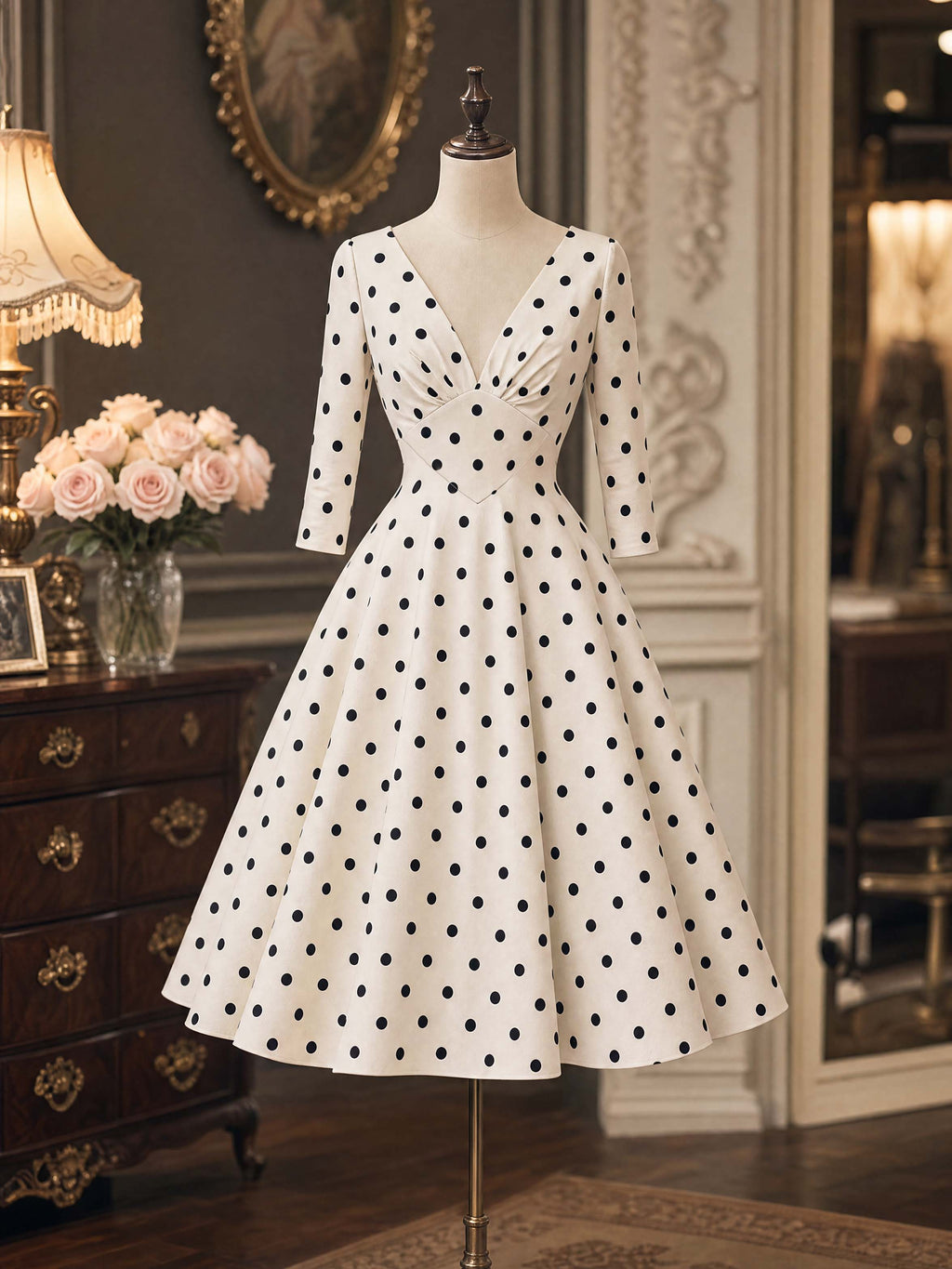 Vintage Polka Dot V-Neck Flared Midi Dress