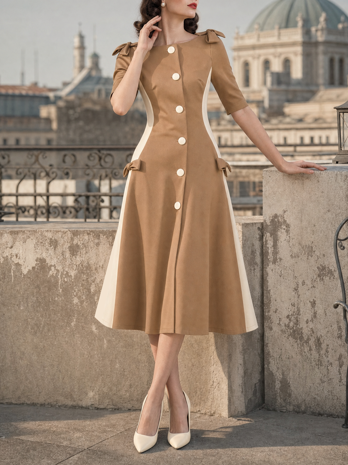 Vintage Color-block Spliced A-Line Midi Dress