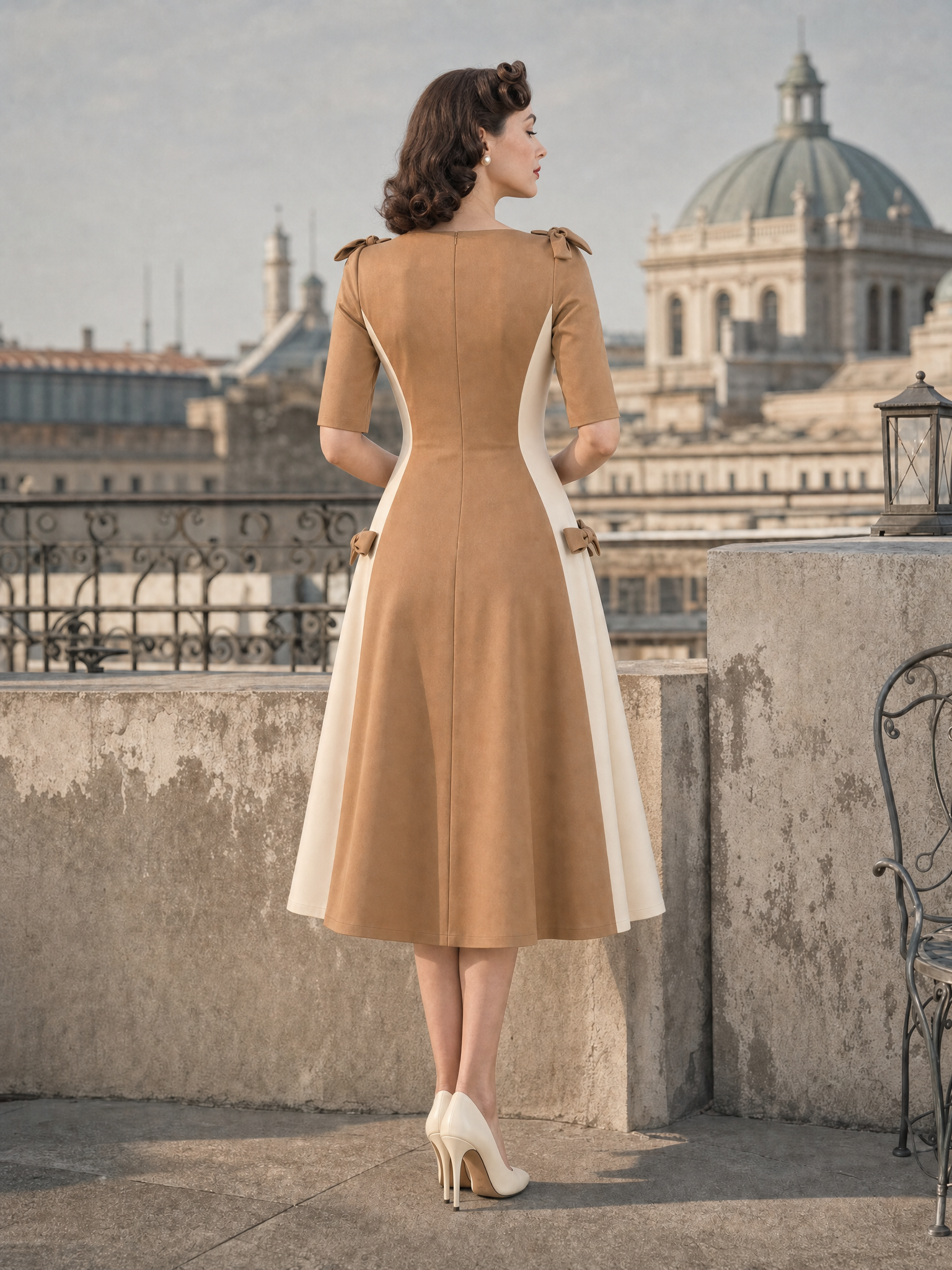 Vintage Color-block Spliced A-Line Midi Dress