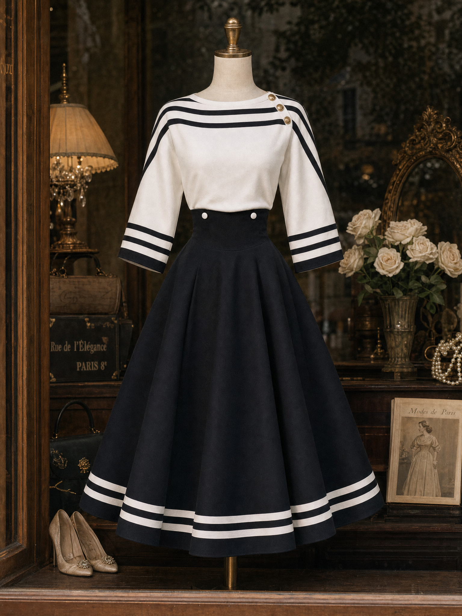 Vintage Color Contrast Striped Swing Skirt Two-piece Set