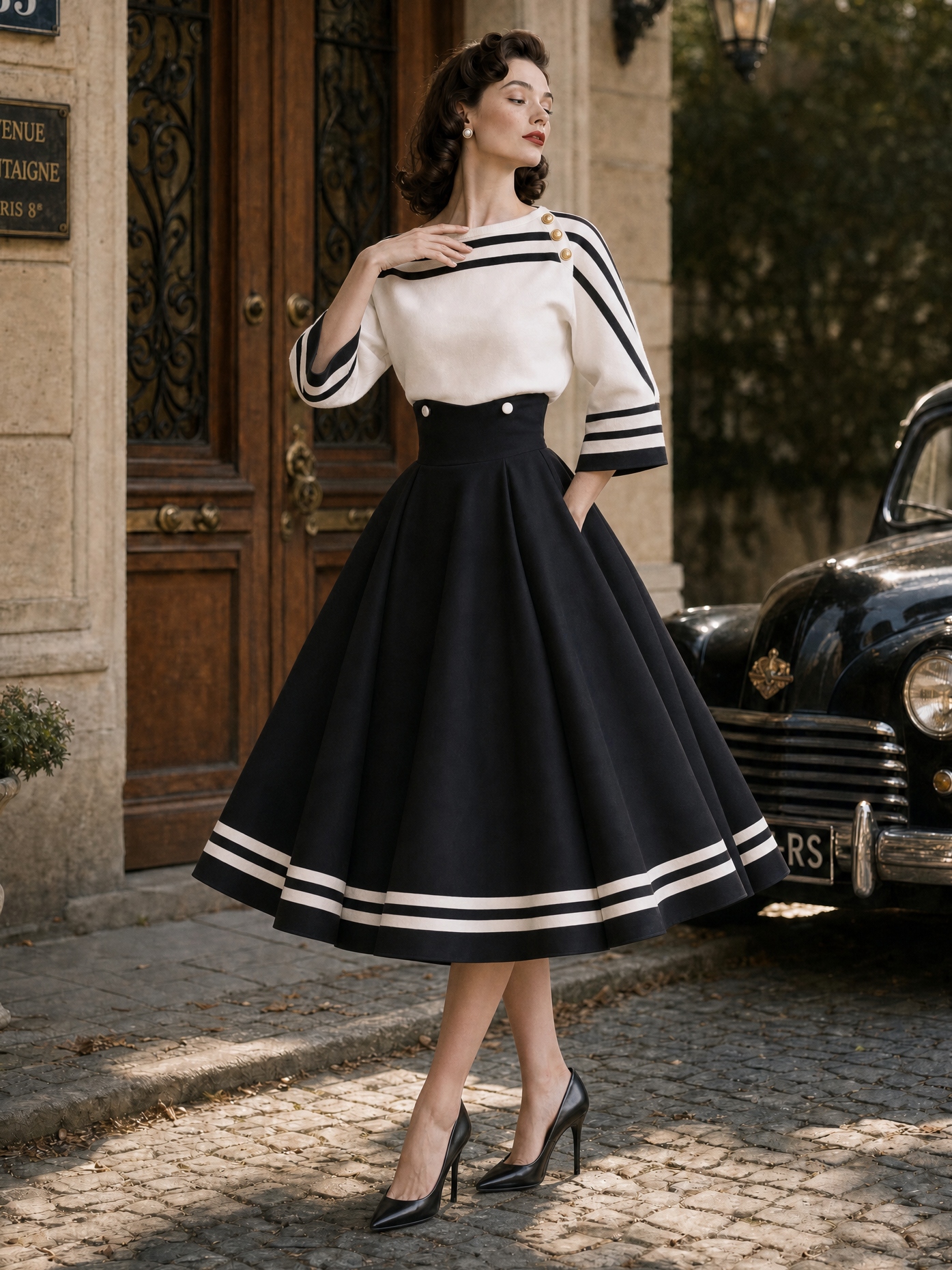 Vintage Color Contrast Striped Swing Skirt Two-piece Set