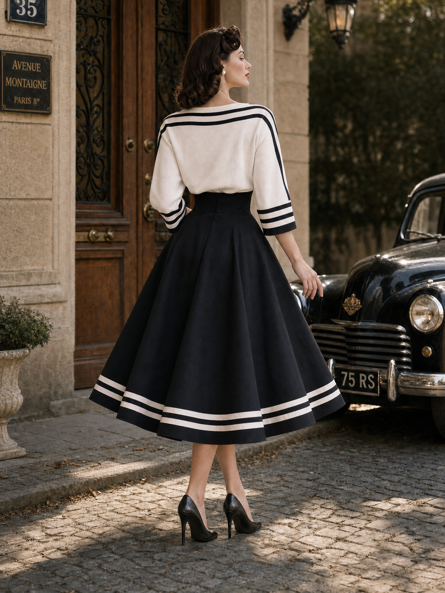 Vintage Color Contrast Striped Swing Skirt Two-piece Set