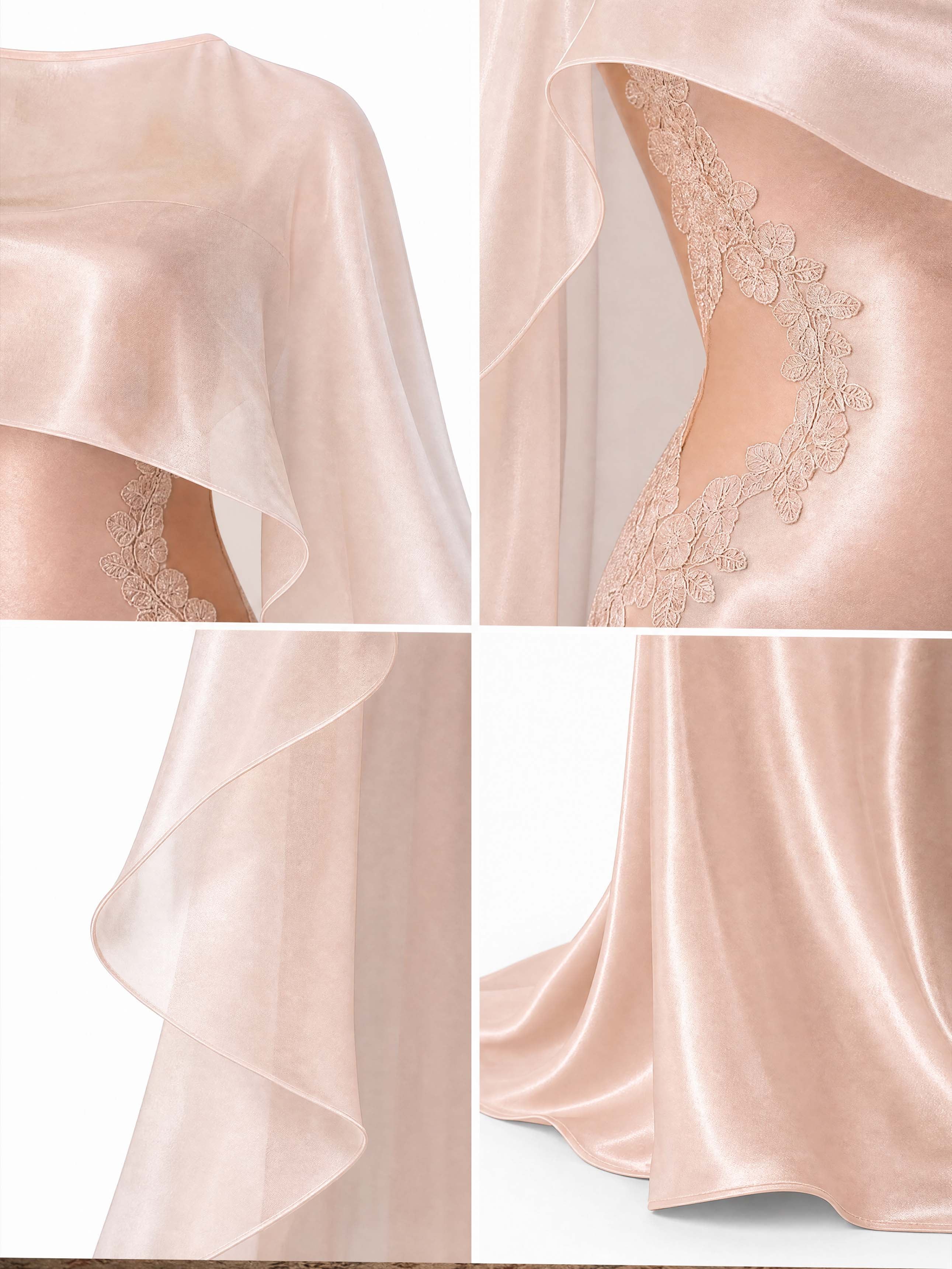 French Champagne Lace Cutout Maxi Mermaid Evening Dress