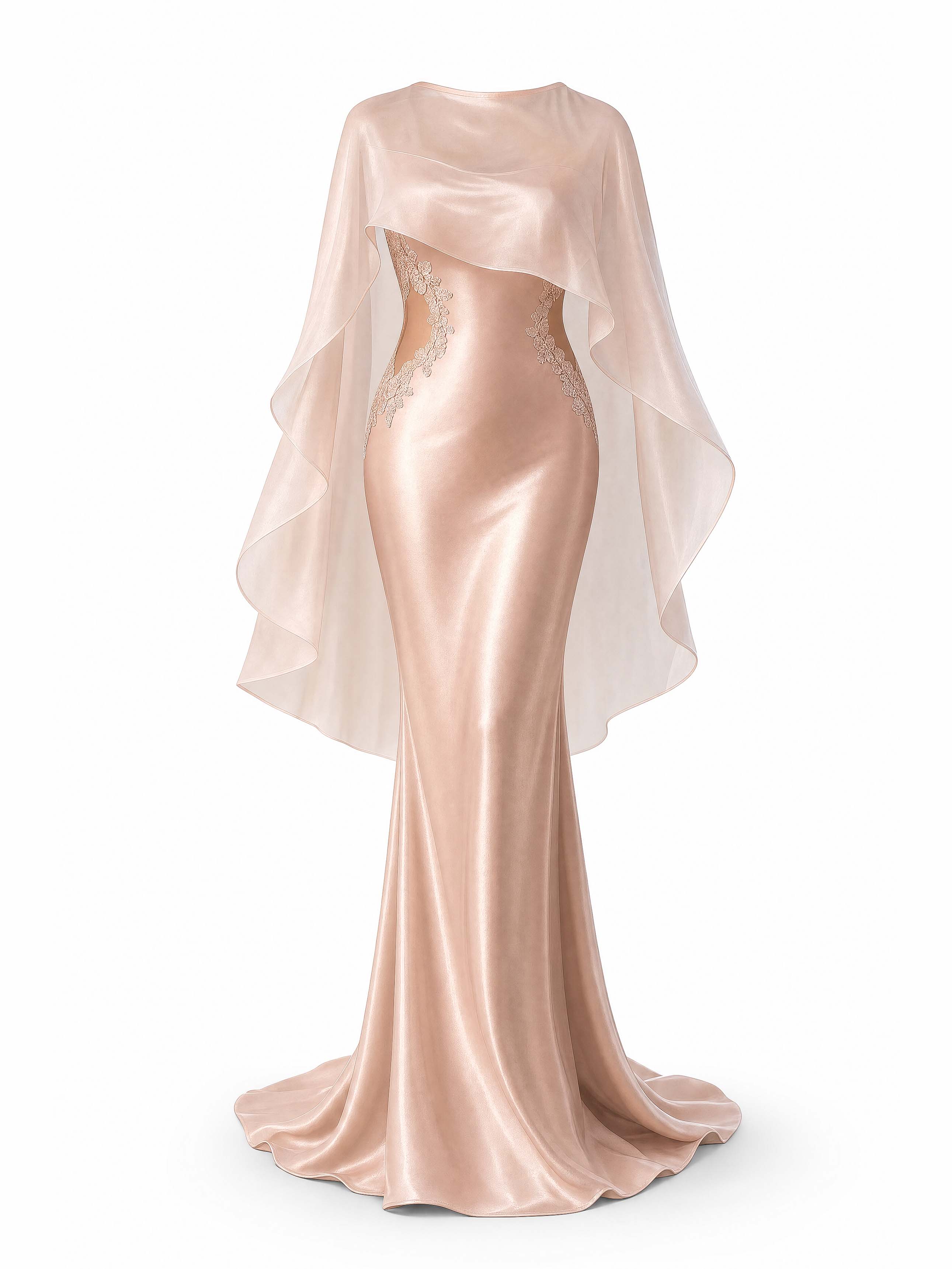 French Champagne Lace Cutout Maxi Mermaid Evening Dress