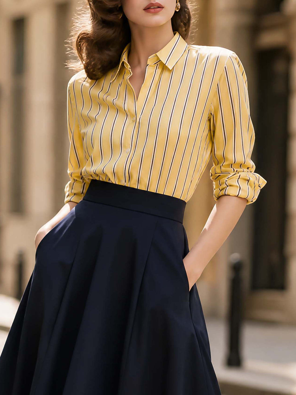 French Vintage Yellow Striped Woven Blouse