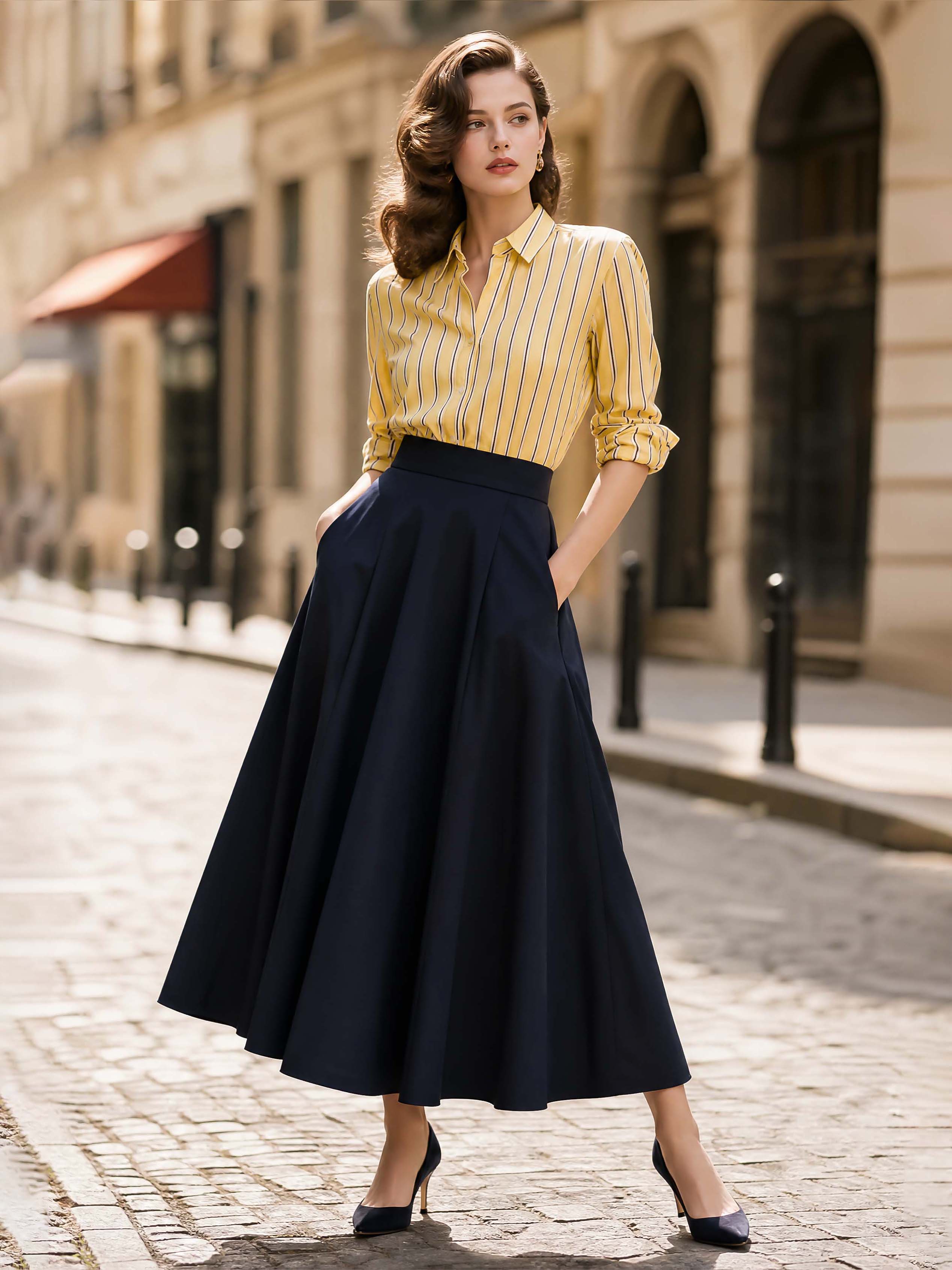 French Vintage Yellow Striped Woven Blouse