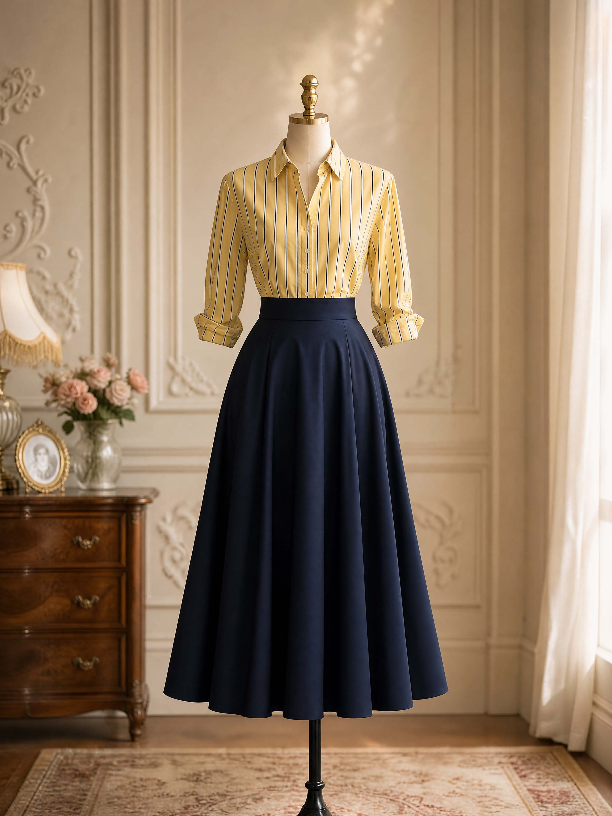 French Vintage Yellow Striped Woven Blouse