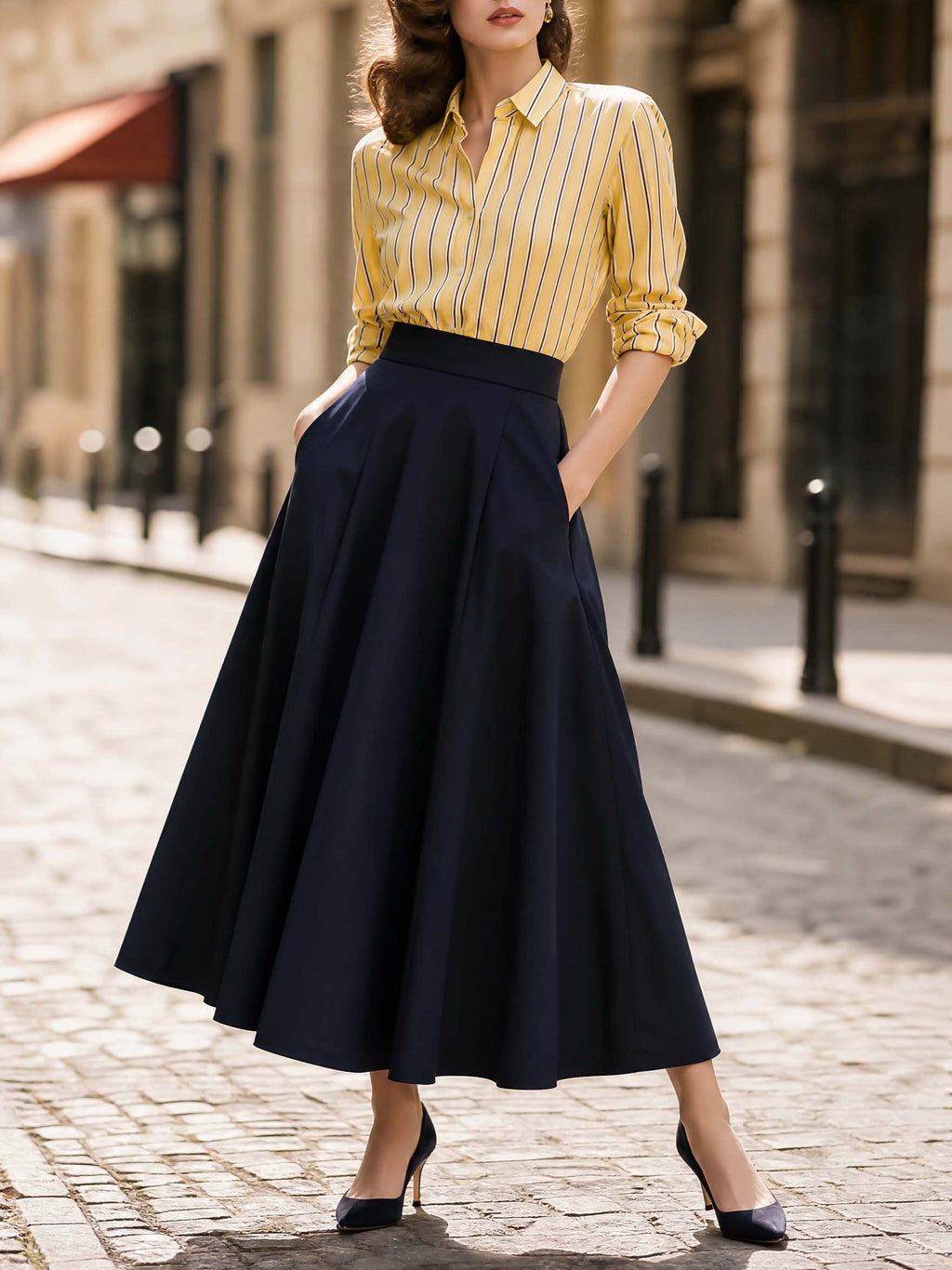 French Retro Navy Flared Midi Skirt With Pockets