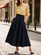 French Retro Navy Flared Midi Skirt With Pockets