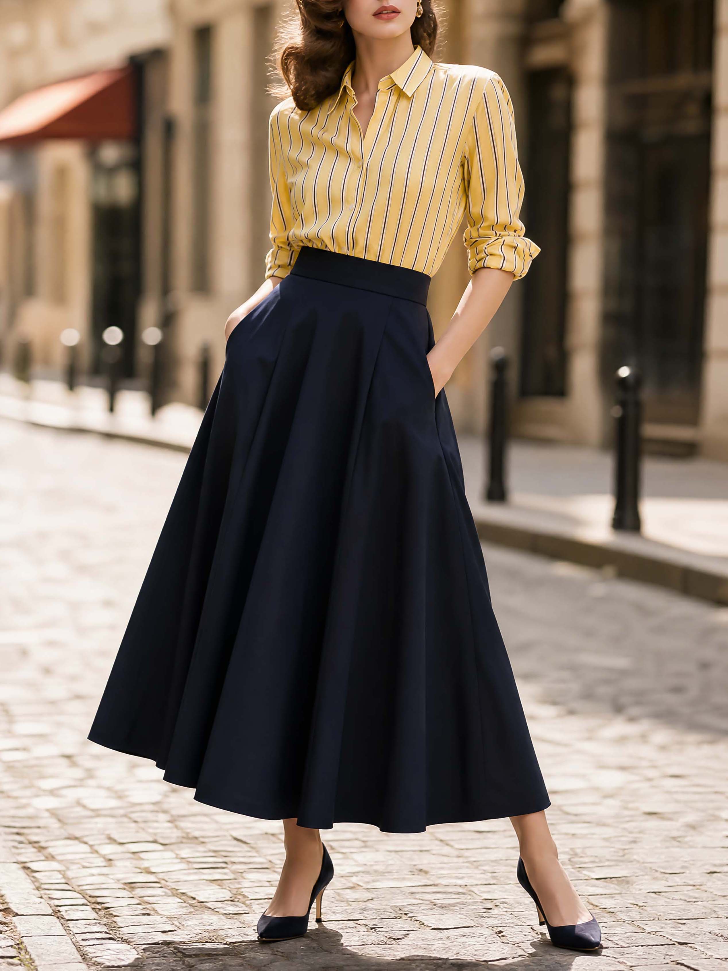 French Retro Navy Flared Midi Skirt With Pockets