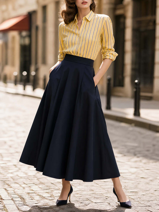 French Retro Navy Flared Midi Skirt With Pockets