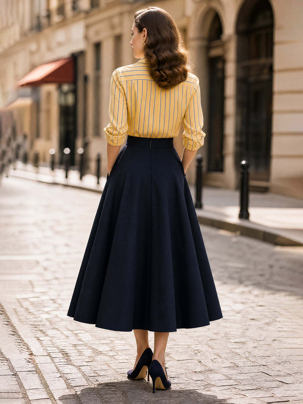 French Retro Navy Flared Midi Skirt With Pockets